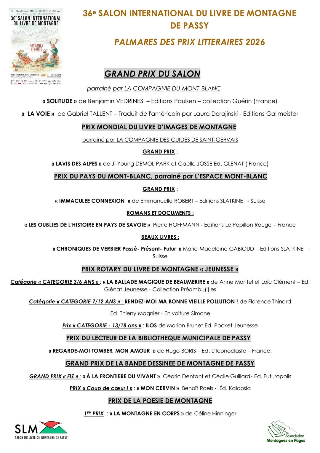 Les différents prix décernés au Salon international du livre de Passy 2026.